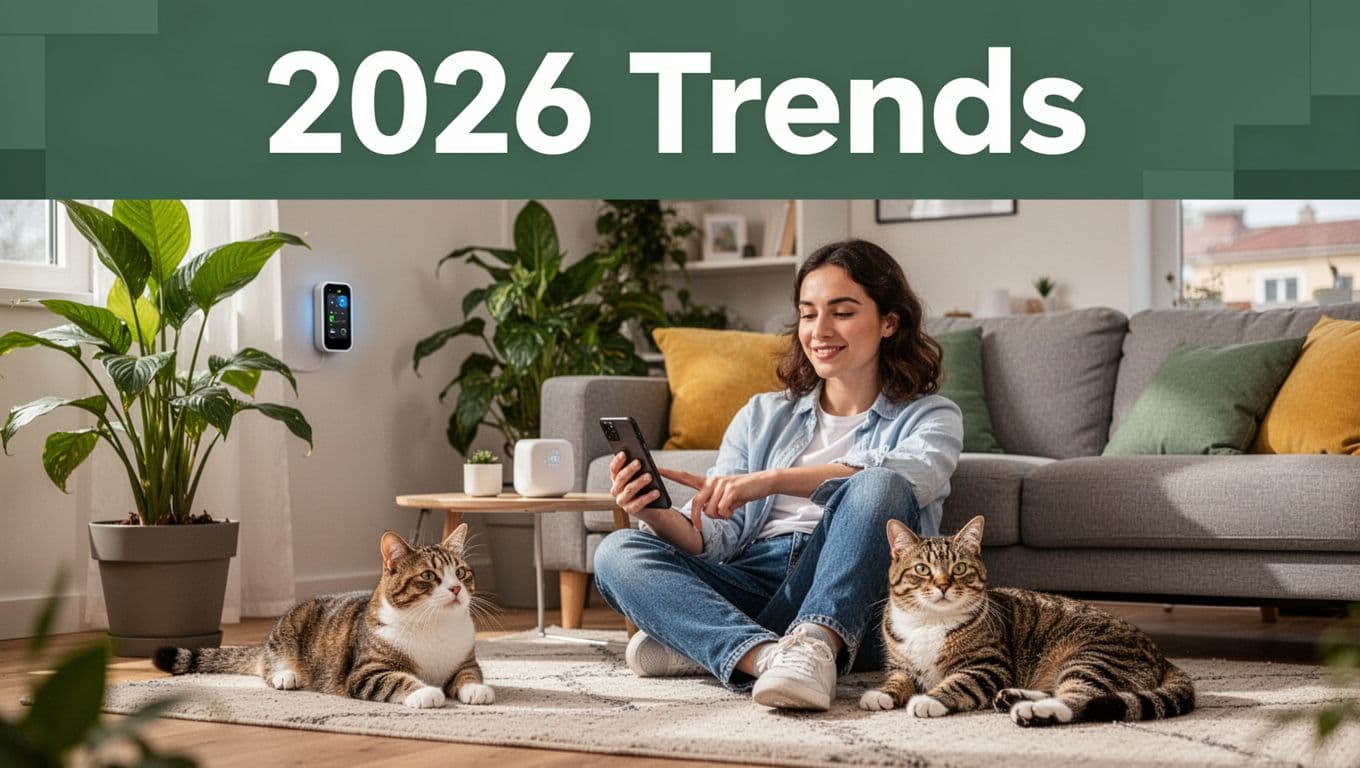 Modern tenant relaxes in vibrant pet-friendly apartment with smart home device, eco-friendly plant, and nearby cat, checking phone app.