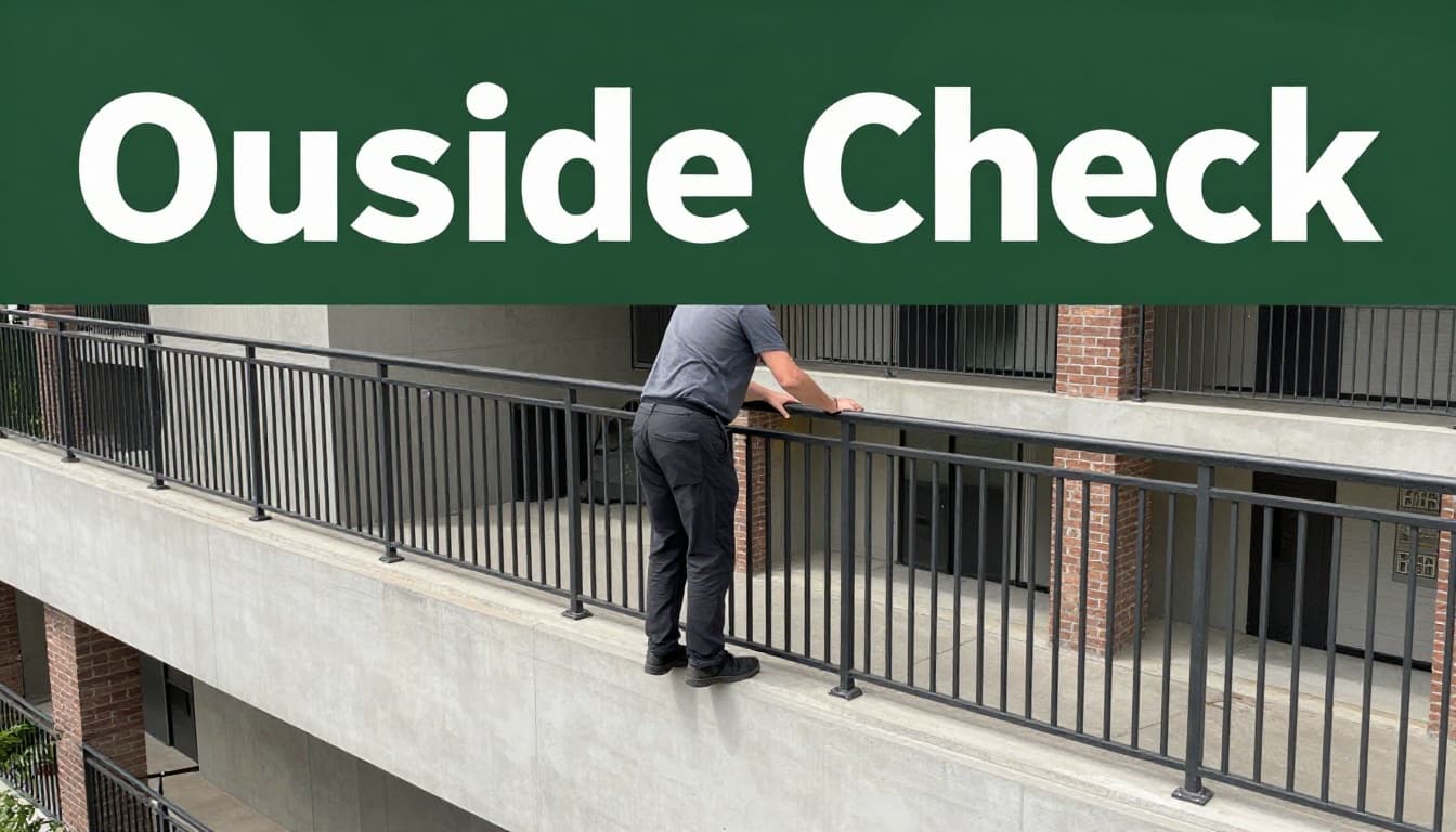 A person checks balcony railings and the exterior yard of an apartment building for safety hazards on a clear urban day. The composition emphasizes hands on the railing and uneven ground in a bold editorial style with a high-contrast headline.