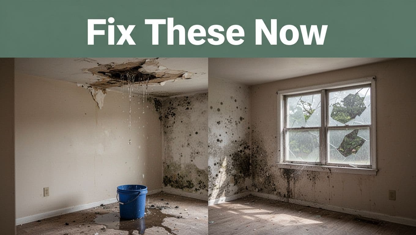 Realistic photo of an empty apartment room illuminated by natural daylight, showcasing habitability issues like a leaking ceiling with water damage and bucket, mold on the wall, and a broken window with drafts, in muted tones with a top edge-to-edge dark-green band featuring bold 'Fix These Now' headline.