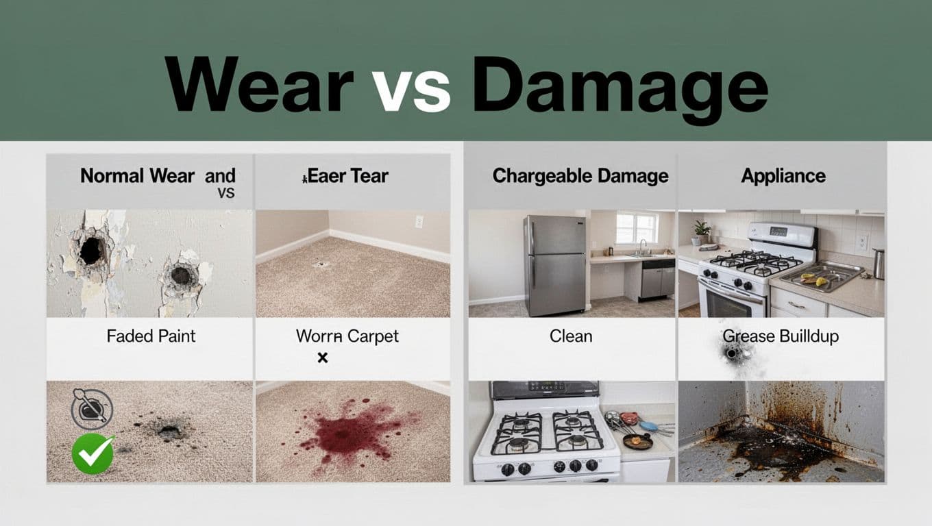 Infographic-style chart comparing normal wear and tear to chargeable damage on apartment walls, carpets, and appliances with examples like faded paint vs holes, worn carpet vs stains, and clean stove vs grease buildup.