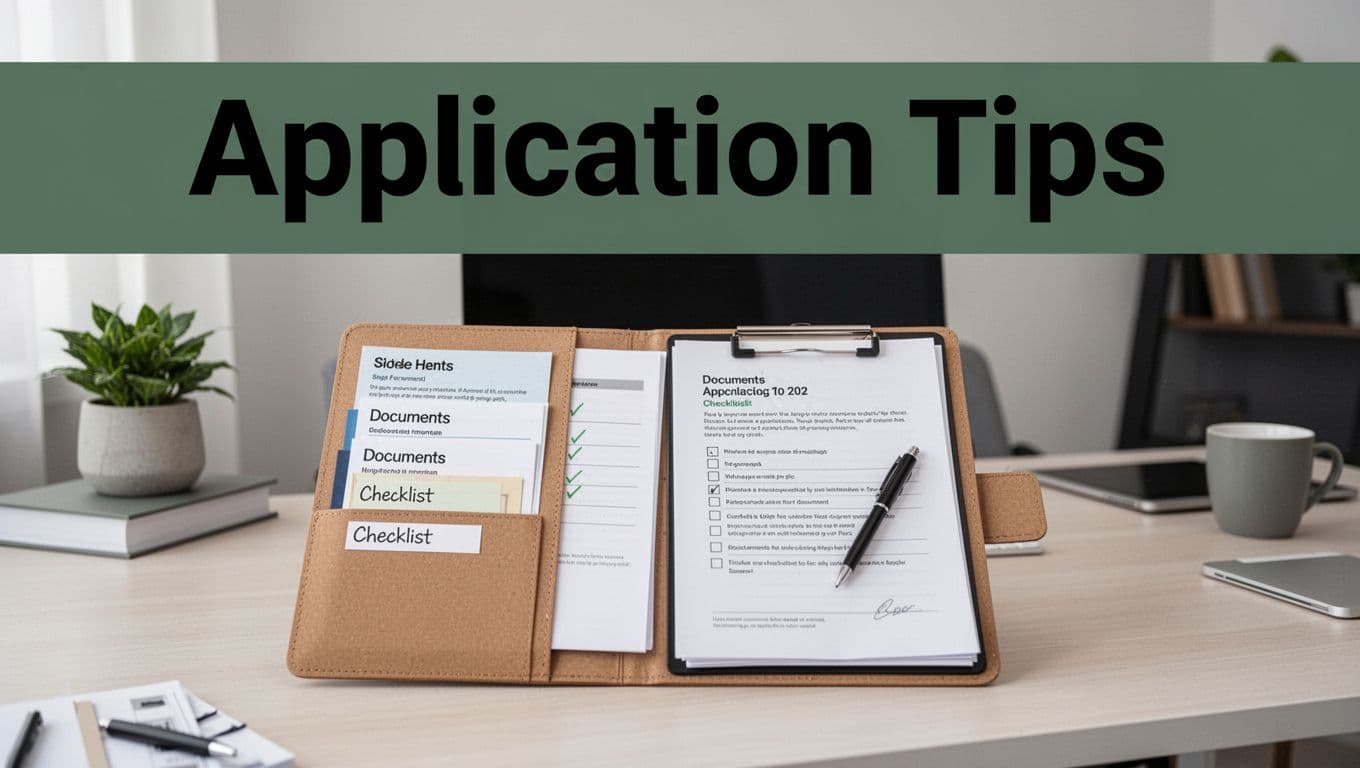 Bold 'Application Tips' headline on a muted dark-green band atop an image of a neat folder with labeled document sections and a checklist clipboard on a modern home office desk, soft lighting, clean professional style.