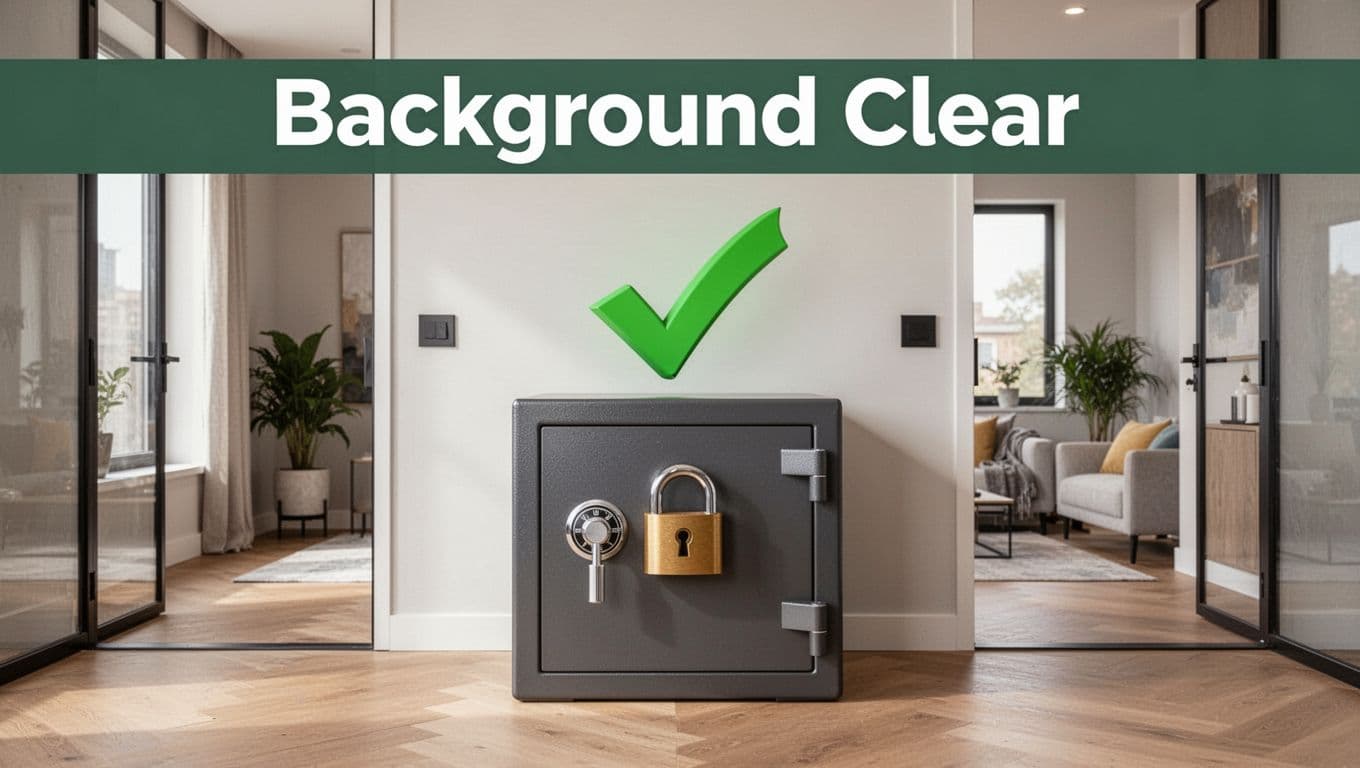 Clean background check report metaphor featuring a green checkmark and locked safe in a modern apartment entryway, centered composition with bright even lighting and clean graphic style, no people or interactions.
