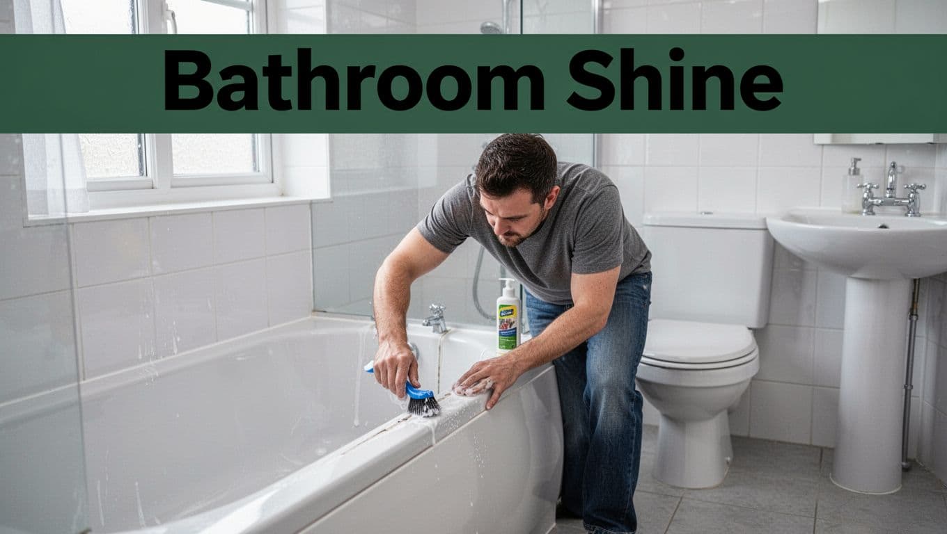 A person scrubbing bathtub grout with a brush and cleaner in a sparkling clean white tiled bathroom, featuring a toilet and sink in the background, captured in photorealistic style with soft window light.