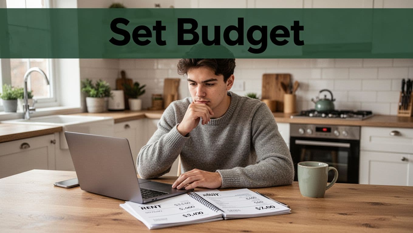 Young adult at a cozy modern kitchen table thoughtfully reviewing budget on laptop and notepad, featuring rent figures and a coffee mug nearby, in daytime natural light. Bold editorial style with muted dark-green top band displaying 'Set Budget' headline in clean sans-serif typography.