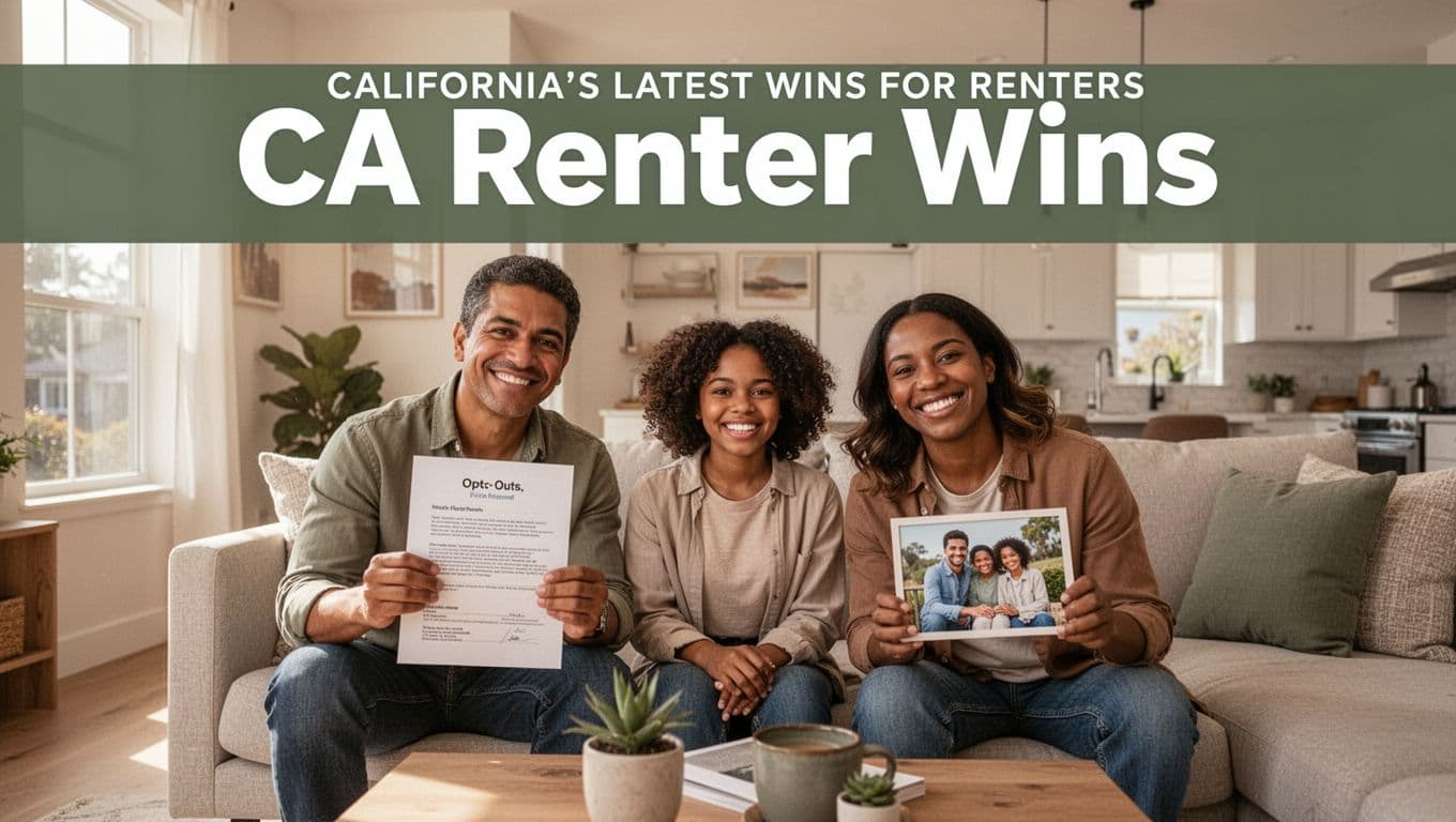 Diverse happy renter family of three in a sunny modern California apartment living room, one parent holding opt-out document from internet service, bold green band with 'CA Renter Wins' headline.