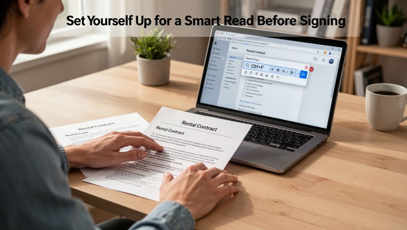 A person at a desk with printed rental contract and laptop showing Ctrl+F search on digital version, in a daytime home office with soft natural lighting.