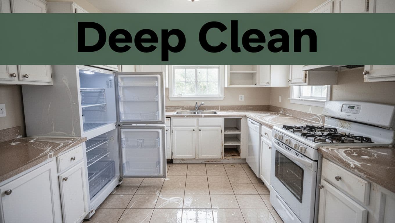 Sparkling clean rental kitchen after thorough move-out cleaning, with empty open fridge door revealing pristine interior, wiped counters, scrubbed sink and stove, empty cabinets, shiny mopped tiled floor, natural daylight illumination, wide-angle realistic photo.