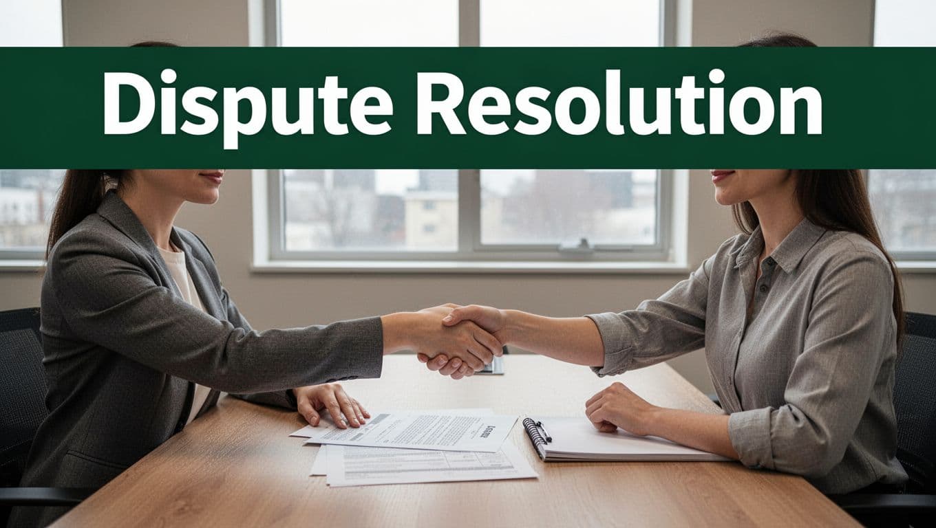 Realistic photo of two people shaking hands over lease documents and mediator notepad in a neutral conference room with natural light, topped by a dark-green band with bold 'Dispute Resolution' headline.