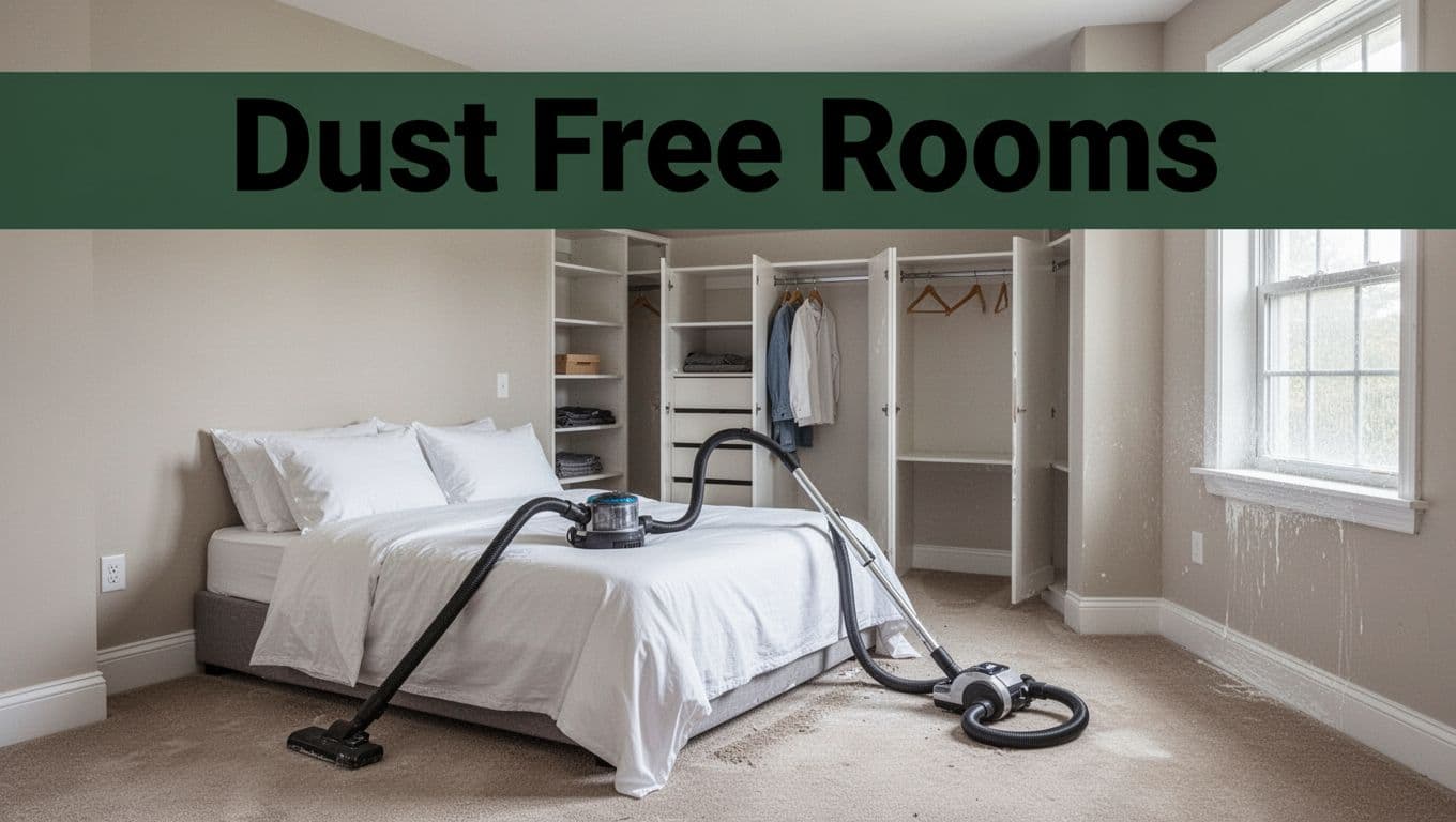 Photorealistic wide-angle view of a vacuumed bedroom with fresh sheets on the bed, open empty dusted closet, wiped baseboards, clean window sills, and natural light, no people or distractions.