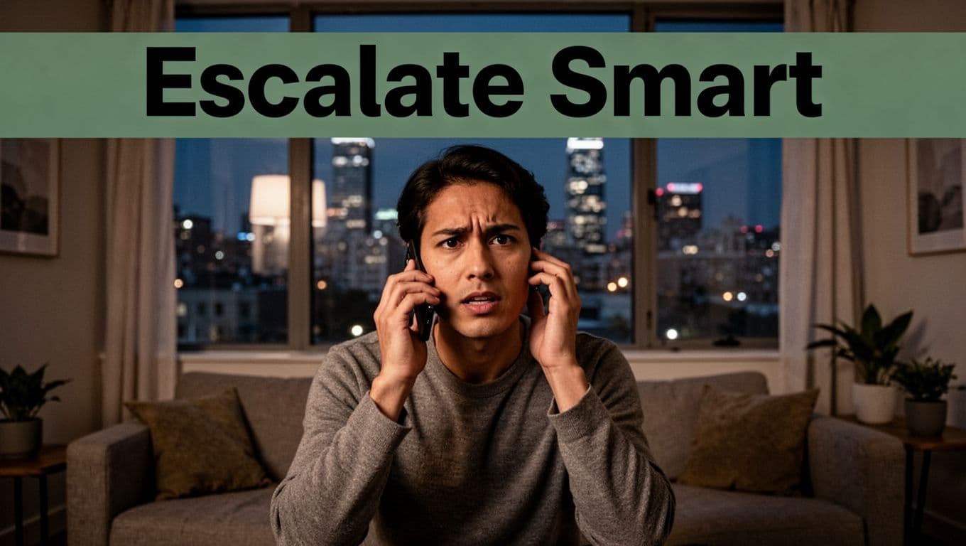 A serious person holds a phone to their ear in an apartment living room, with a city night skyline visible through the window and simple furniture around. Bold 'Escalate Smart' headline in a muted dark-green band at the top in clean sans-serif typography.