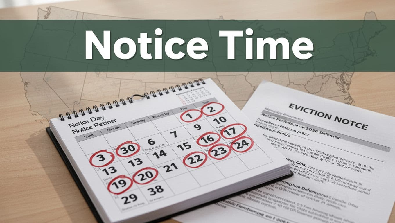Close-up of a desk calendar open to dates circled in red for 3-30 day notice periods, with a sample eviction notice paper nearby and faint US state outline in the background under natural daylight.
