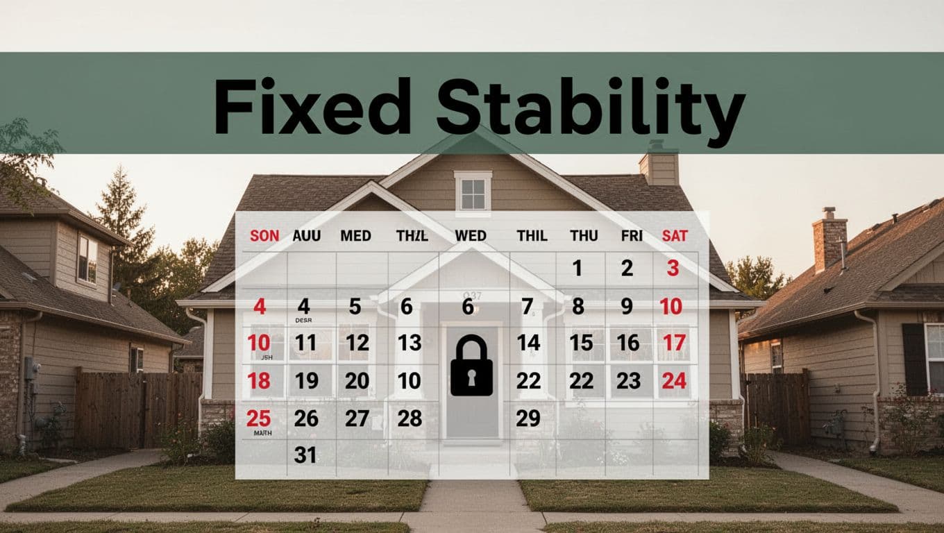 A secure suburban house in a quiet neighborhood with a large calendar showing a bold 12-month fixed period, padlock icon on the door, and headline 'Fixed Stability' in a muted dark-green band at the top, in clean realistic style with soft natural lighting and muted tones.