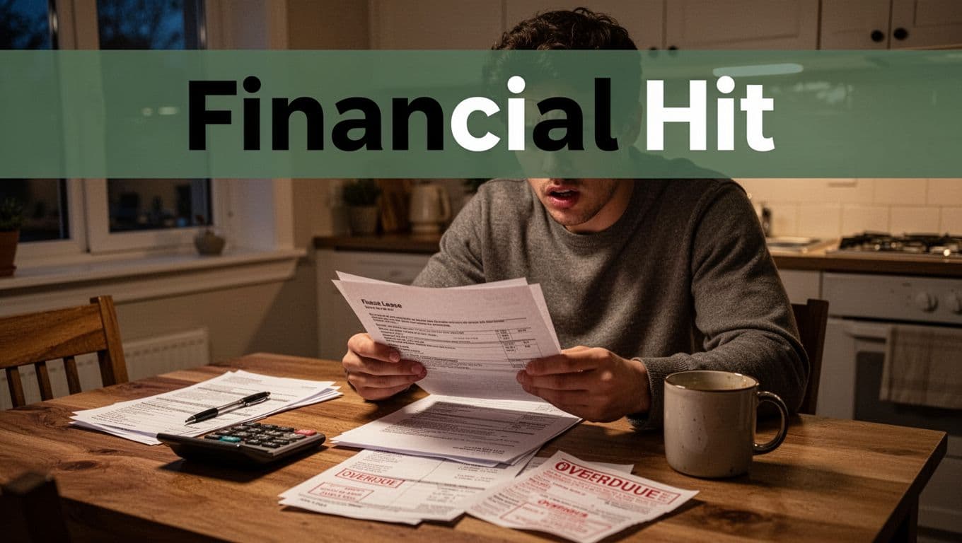 A frustrated renter in their mid-20s anxiously reviews a lease contract and overdue bills at a cluttered wooden kitchen table in a dim evening apartment, with a bold 'Financial Hit' headline on a dark-green band at the top.