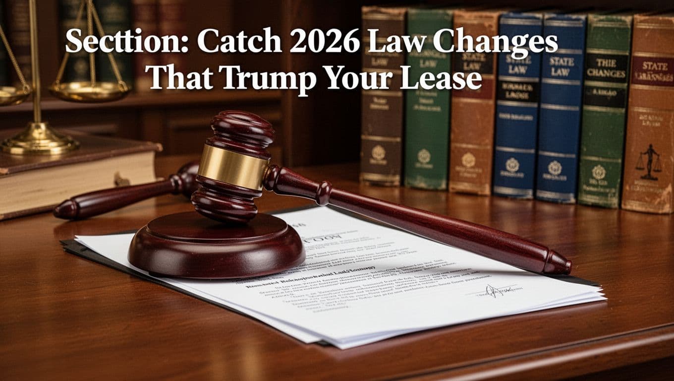Gavel and rental contract on a professional office desk with state law books in the background, symbolizing legal precedence over lease terms, realistic photo in warm lighting.