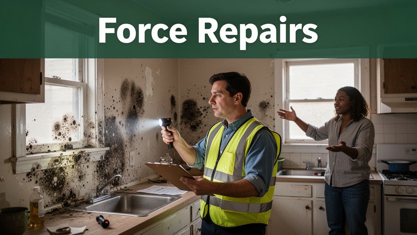 Realistic photo of a housing inspector in yellow safety vest holding clipboard and flashlight as they examine dark mold patches on a kitchen wall in a modest US apartment, with one tenant gesturing in the background.