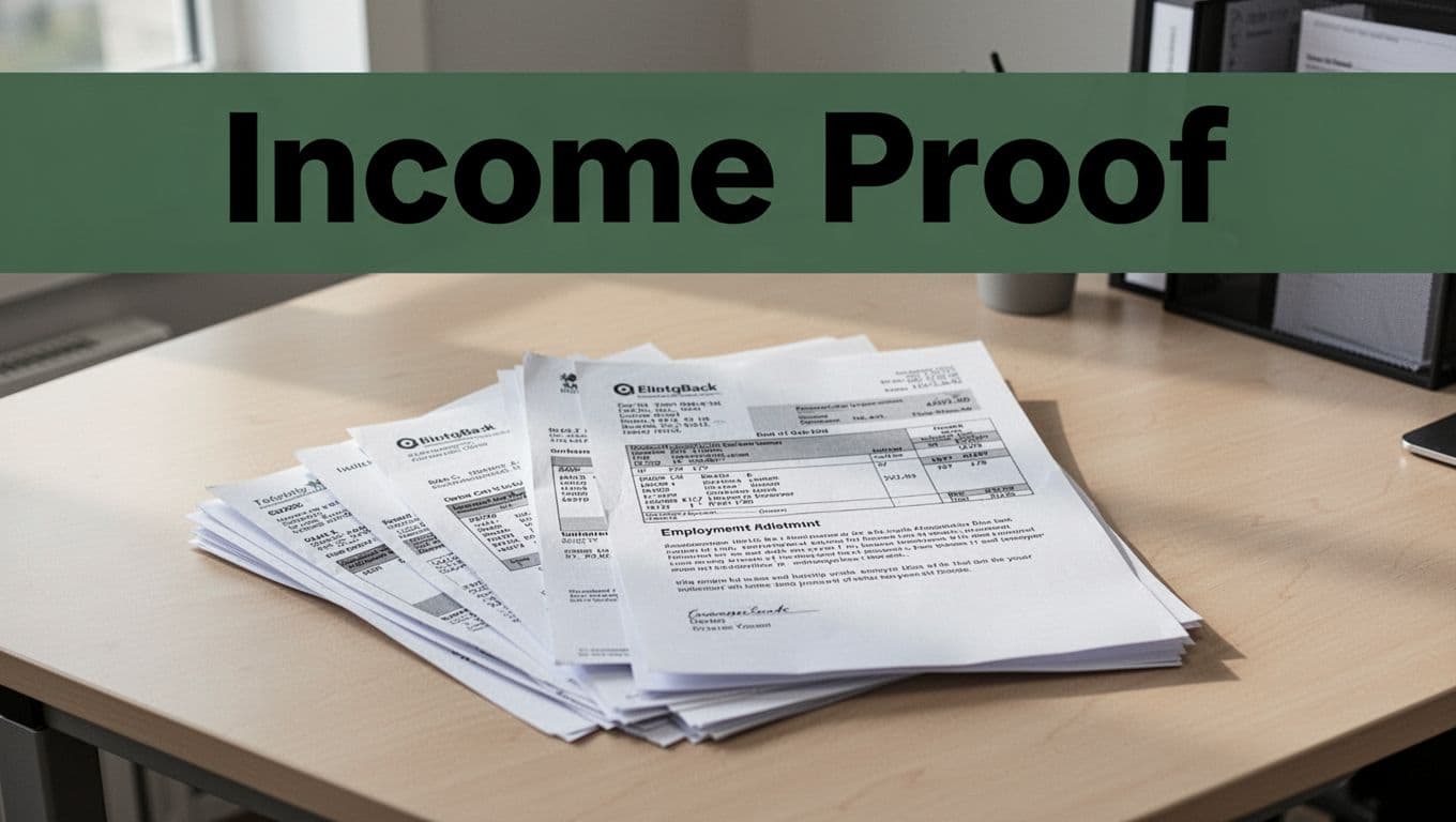 Organized stack of pay stubs, bank statements, and employment letter on a simple office desk under a bold 'Income Proof' headline in a muted dark-green band, professional clean style with soft daylight lighting.