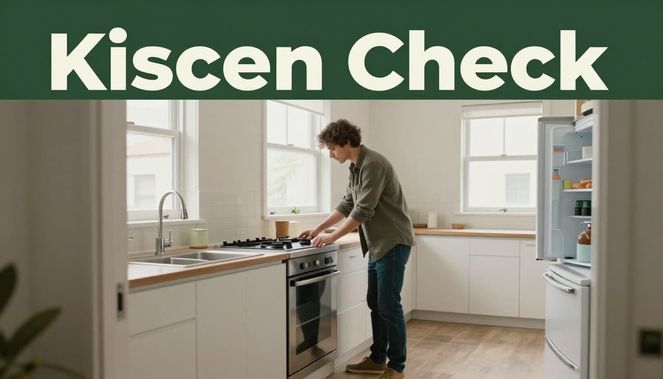 Person in casual clothes systematically inspecting an empty rental apartment kitchen, checking stove burner, open fridge, and running sink faucet in a wide shot from the doorway with soft natural light.