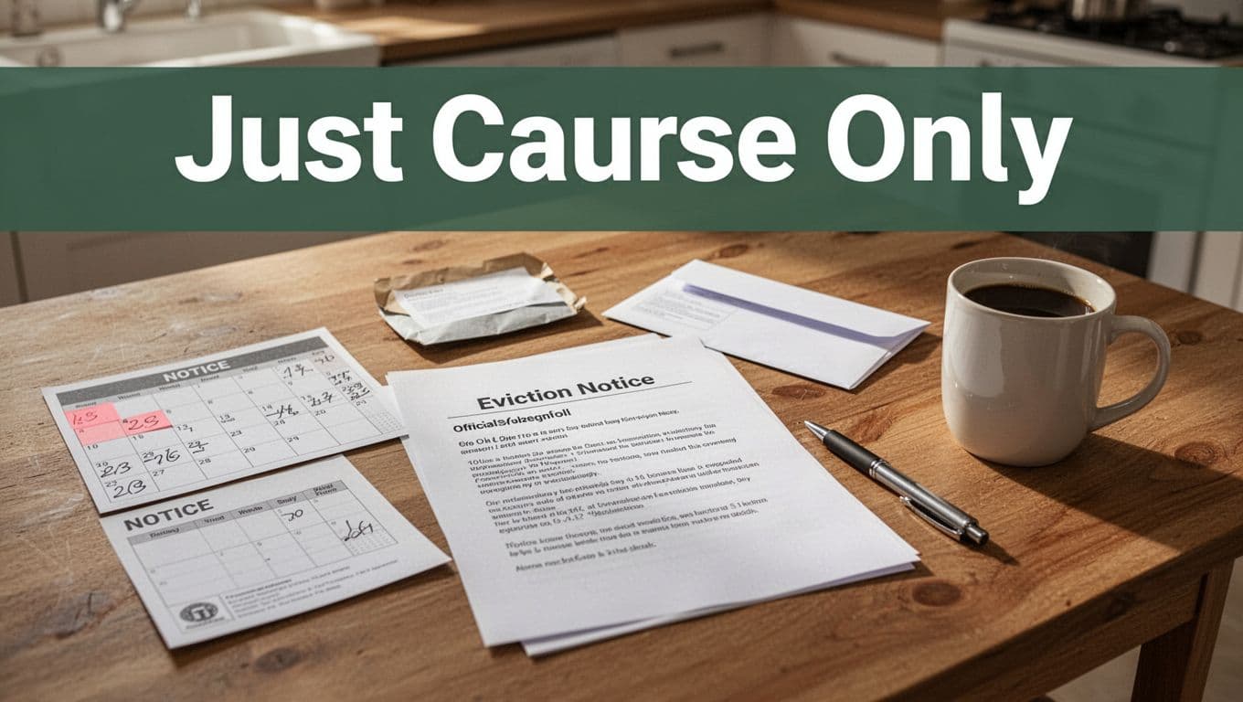 Official eviction notice with bold 'Just Cause Only' headline on a muted dark-green band, placed on a wooden kitchen table next to a calendar marked with notice dates, unopened envelope, pen, and coffee mug in soft morning light.