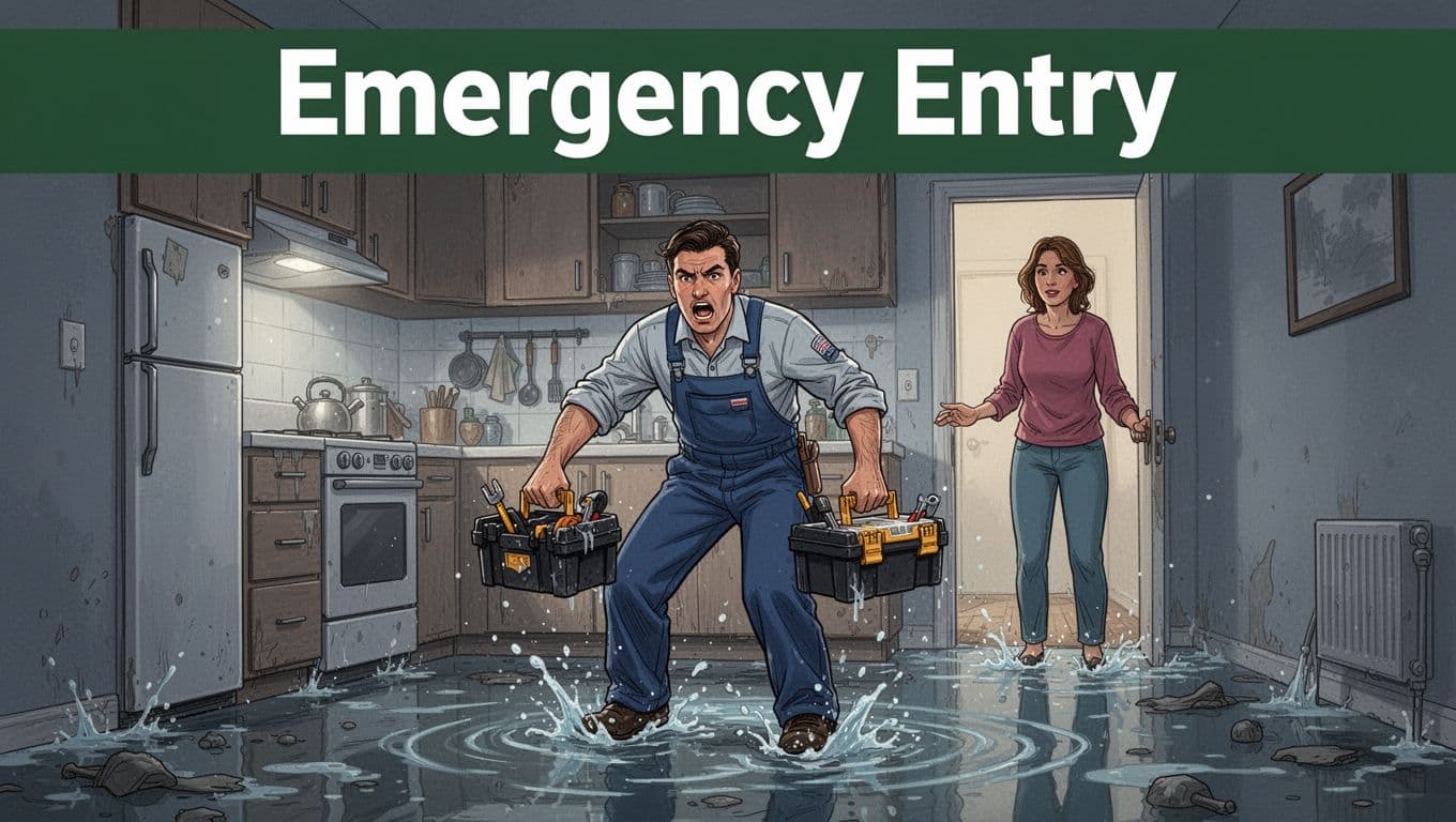 Landlord in work clothes urgently enters a flooded apartment kitchen with toolbox, water pooling on the floor, while tenant watches from the doorway in a compact indoor setting. Bold editorial illustration style with dramatic emergency lighting, cool tones, and a dark-green headline band reading 'Emergency Entry'.