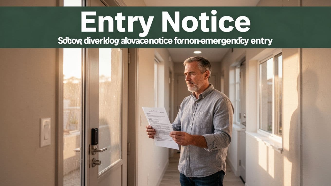 Realistic photo of one landlord standing outside a closed apartment door in a brightly lit modern hallway, holding a written notice, with soft morning light. Bold 'Entry Notice' headline in high-contrast white text on a muted dark-green band across the top.