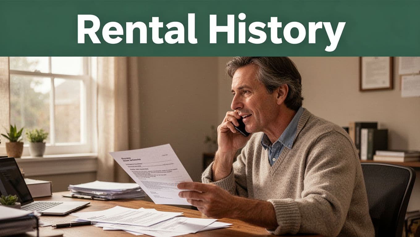 A landlord in a cozy office setting speaks on the phone to a previous landlord for a rental reference check, with rental agreement papers nearby, shown in side profile with soft window light in realistic illustration style.