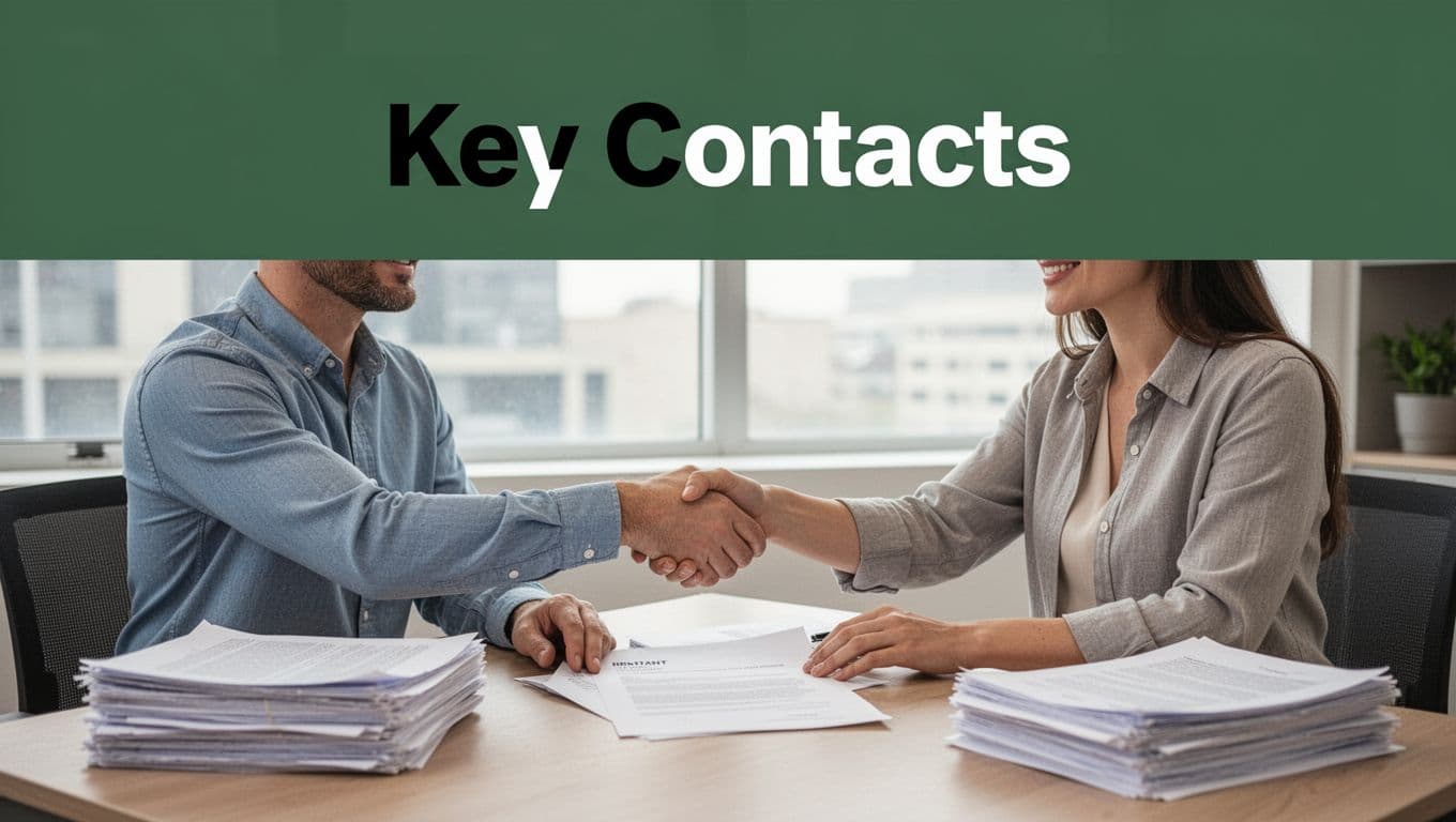 Editorial image featuring a dark-green header band with 'Key Contacts' headline, below which a landlord and tenant shake hands over lease papers at a desk in a bright office with natural daylight.