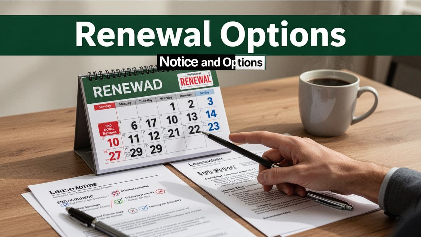 Realistic office desk scene with calendar flipped to lease end date, renewal sticker, end notice options beside contract papers, pen, and coffee mug under natural daylight, topped with bold 'Renewal Options' green header band.