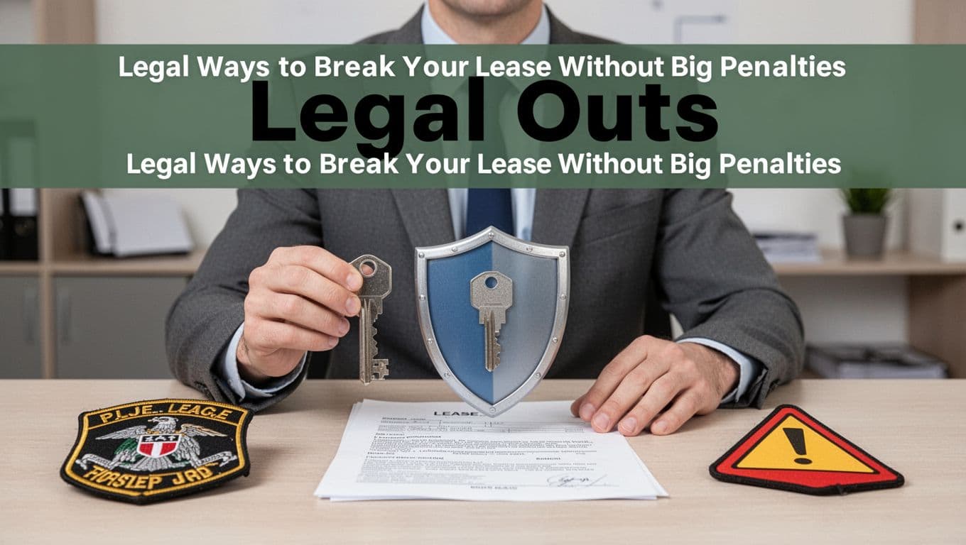 Confident tenant in military patch holding key and shield protecting lease document on table, symbolizing penalty-free lease exit strategies, with 'Legal Outs' headline on dark-green band.