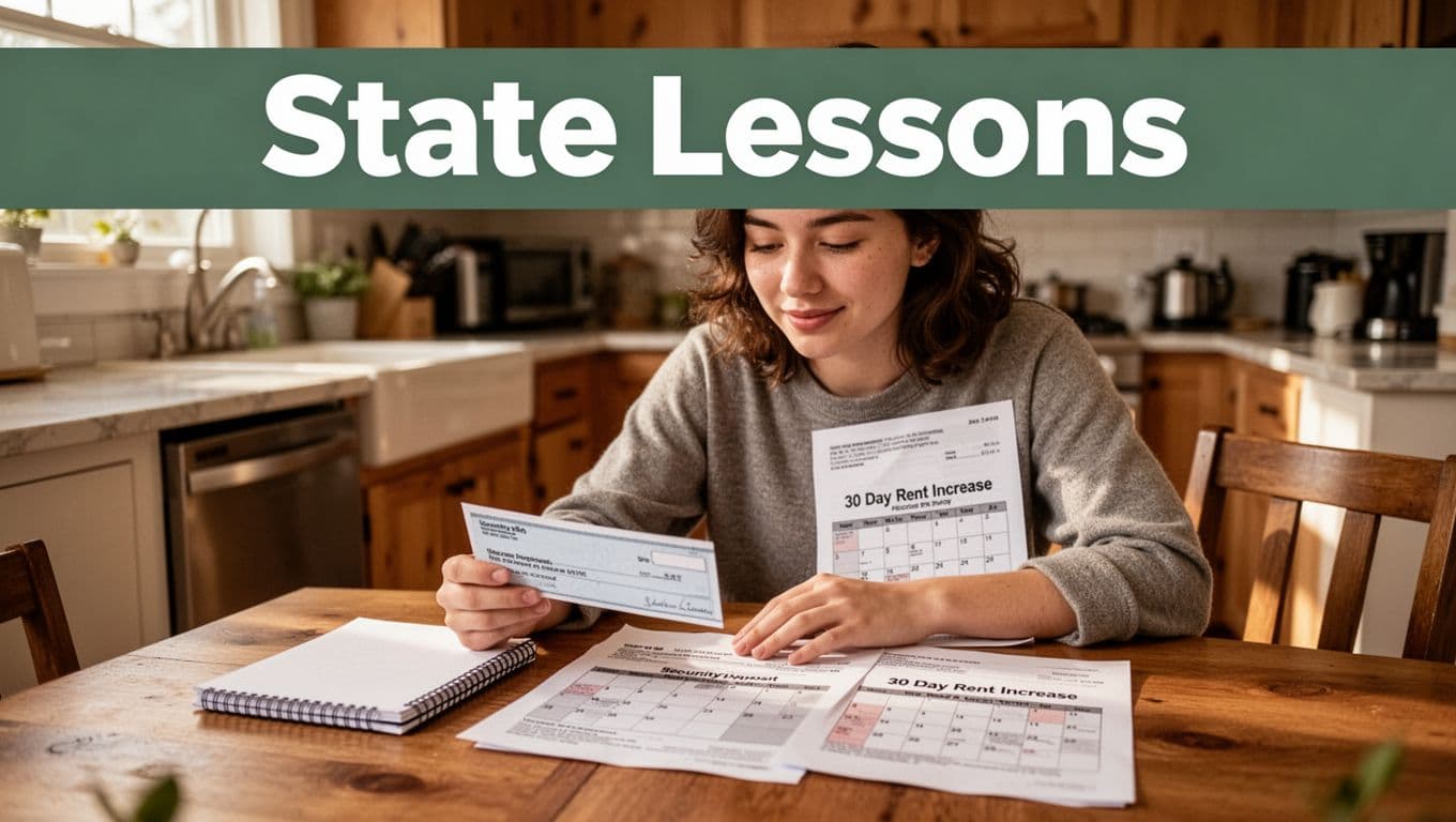 Confident young renter at kitchen table in cozy Massachusetts apartment reviews security deposit interest check and 30-day rent increase notice, natural light, branded green header band.