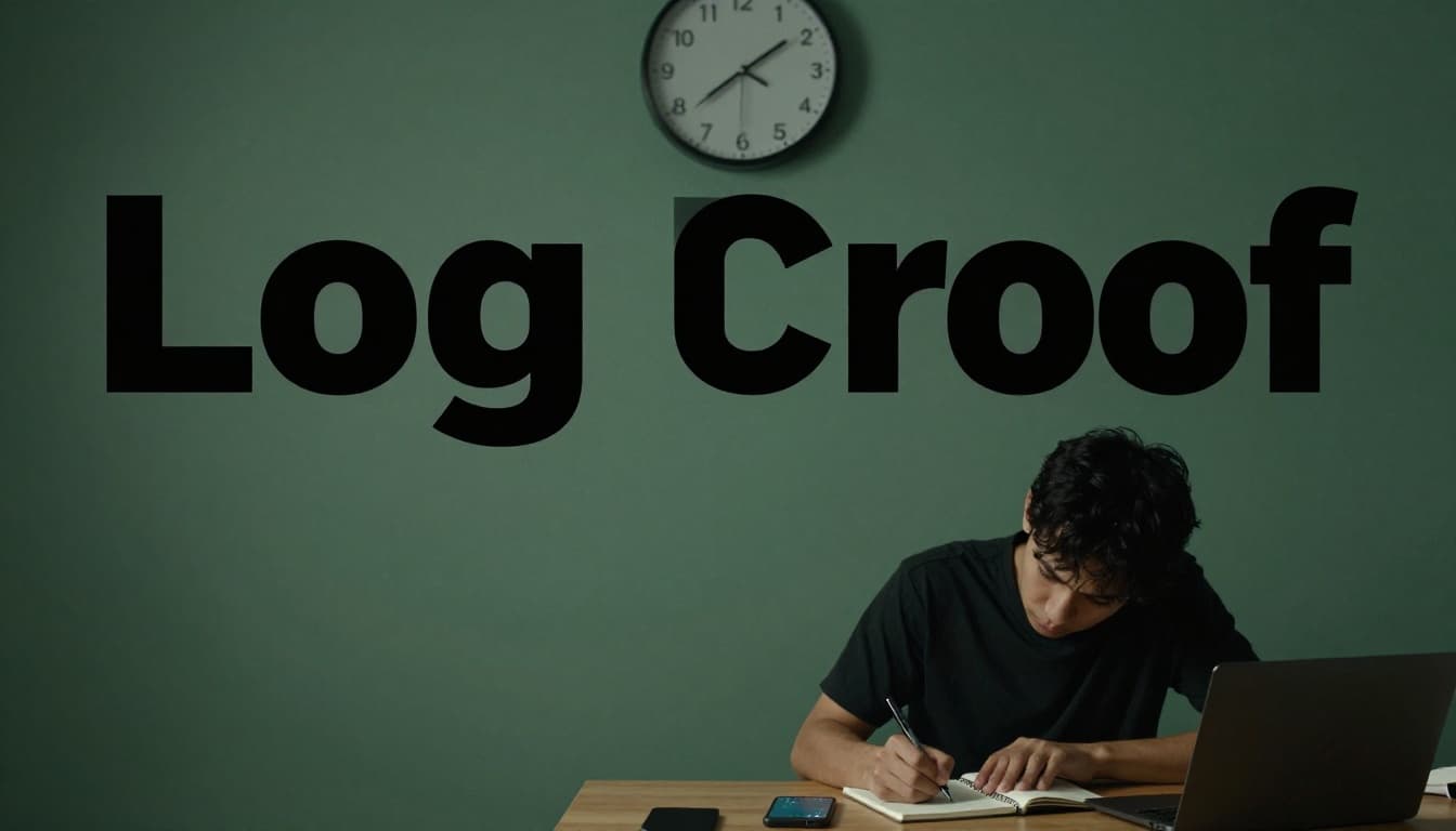 A determined person writes details of a noise incident in a notebook at a dimly lit desk late at night, with a smartphone showing the timestamp, a midnight clock on the wall, and a bold 'Log Proof' headline in a dark-green band at the top.
