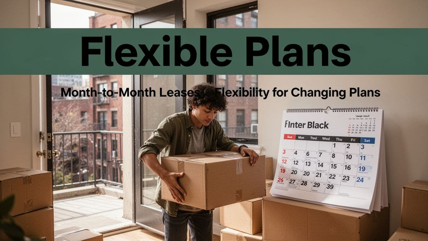 A person packs boxes next to a flipping monthly calendar in an urban apartment with an open door, capturing dynamic movement and flexibility in a realistic style with warm daylight. Bold 'Flexible Plans' headline in a edge-to-edge dark-green band at the top, neutral earthy tones, and clean editorial layout.