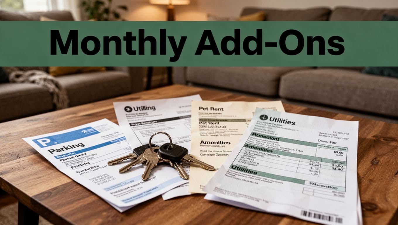 Apartment keys on a table next to bills for parking, pet rent, amenities, and utilities in a cozy living room with warm lighting, realistic photo style.