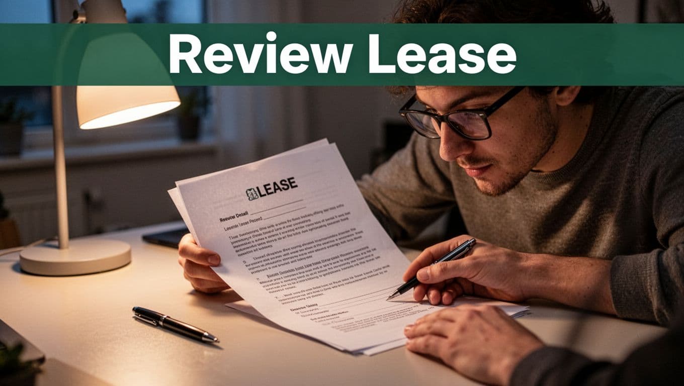 A focused person with glasses reviews a lease document at a desk in a home office under soft evening lamp light, pen nearby, in a bold editorial style with muted dark-green headline band.
