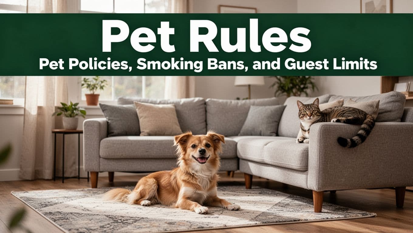 Bold dark-green 'Pet Rules' header band above a realistic photo of a cozy modern US apartment living room with one small friendly dog on the area rug near the couch and one cat resting on the couch arm, using natural daylight and muted tones.