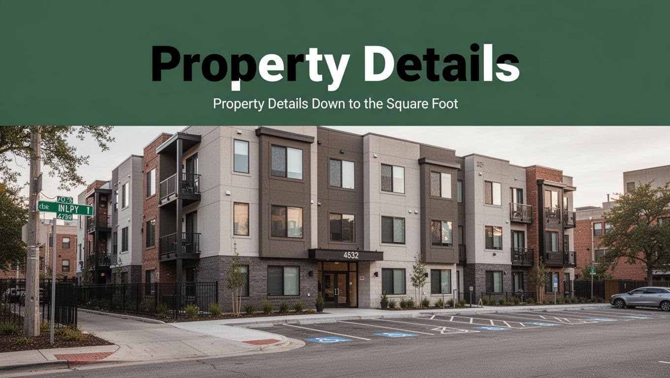Branded editorial image with a dark-green header band featuring 'Property Details' headline, below which is a realistic photo of a modern multi-unit apartment building exterior on a quiet urban street, wide-angle view showing address sign, full facade, parking spots, and entrance in natural daylight.