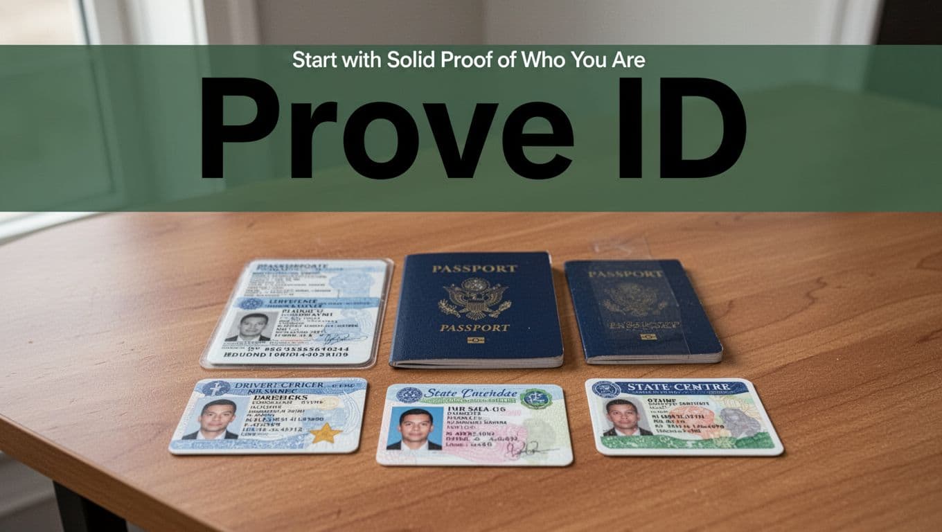 Editorial image with 'Prove ID' headline in bold sans-serif on dark-green band, featuring driver's license, passport, and state ID laid flat on wooden desk with neutral background and soft lighting.