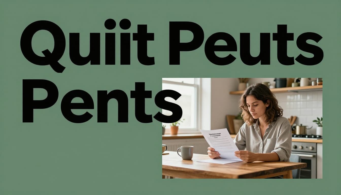 A calm tenant reads a lease agreement at a modern kitchen table under soft natural light, with a bold 'Quiet Rights' headline in a dark-green band, evoking empowerment in a peaceful home.