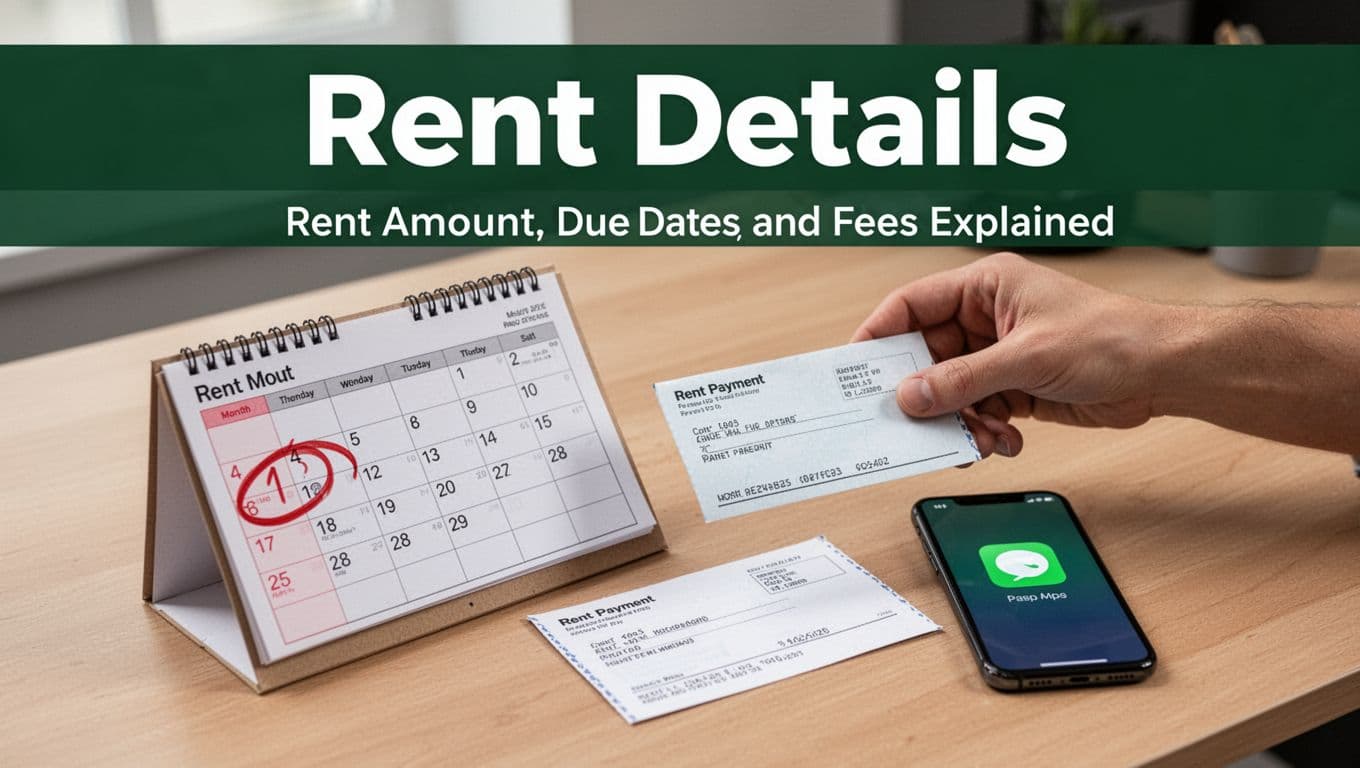 Bold editorial style with dark-green band behind 'Rent Details' headline, featuring realistic desk calendar open to first of month circled in red, rent envelope with check stub, smartphone payment app icon, and one relaxed hand placing envelope in natural office lighting.
