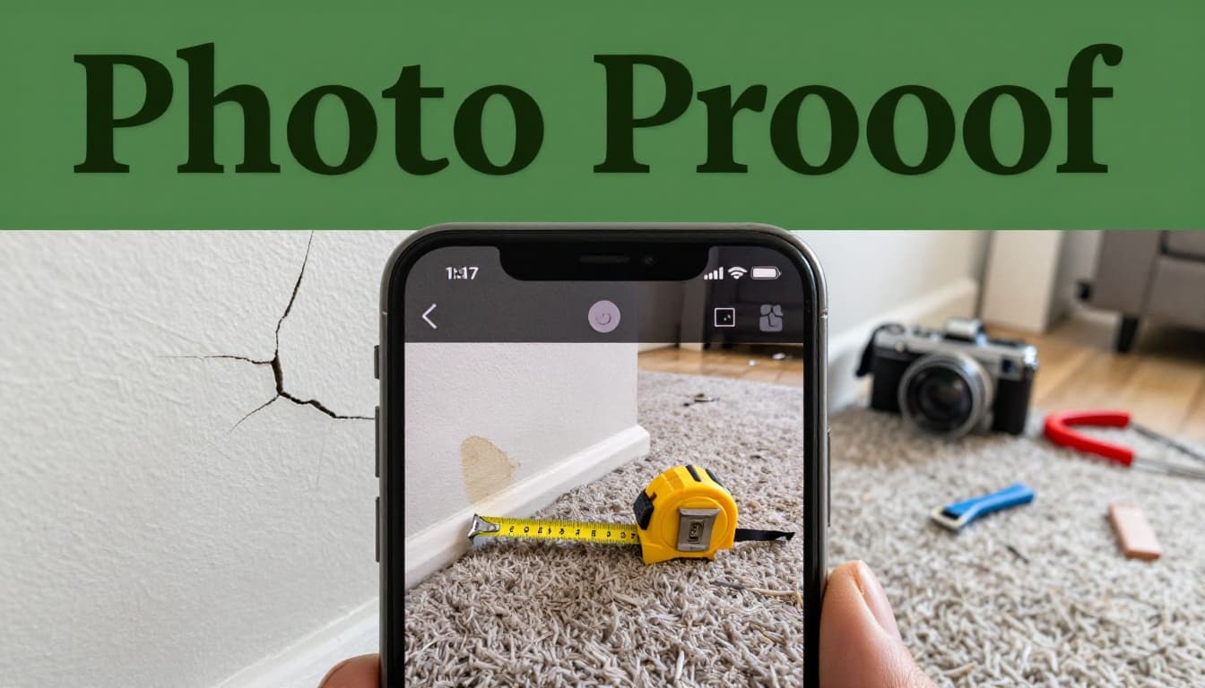 Smartphone screen showing a photo of a wall crack with tape measure for scale, next to the camera app capturing a close-up of a carpet stain in a rental living room under natural daylight. Bold branded 'Photo Proof' headline in title case geometric sans-serif on muted dark-green top band.
