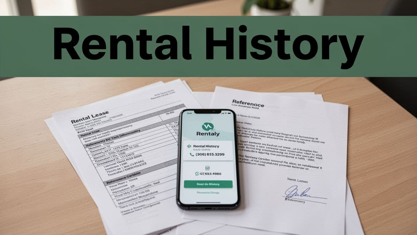Printed lease agreement and reference letter on a table with phone showing contact info, topped by bold 'Rental History' headline on muted dark-green band. Professional clean landscape composition with natural light, no people or extra elements.