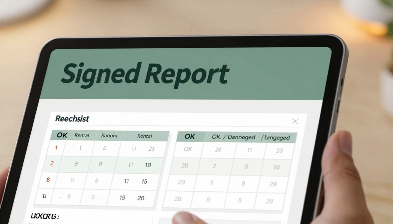Digital checklist on a tablet with OK/Damaged columns for rental rooms, accompanied by a signed report and 2026 calendar on a home office desk, under warm lamp light in a clean modern style.
