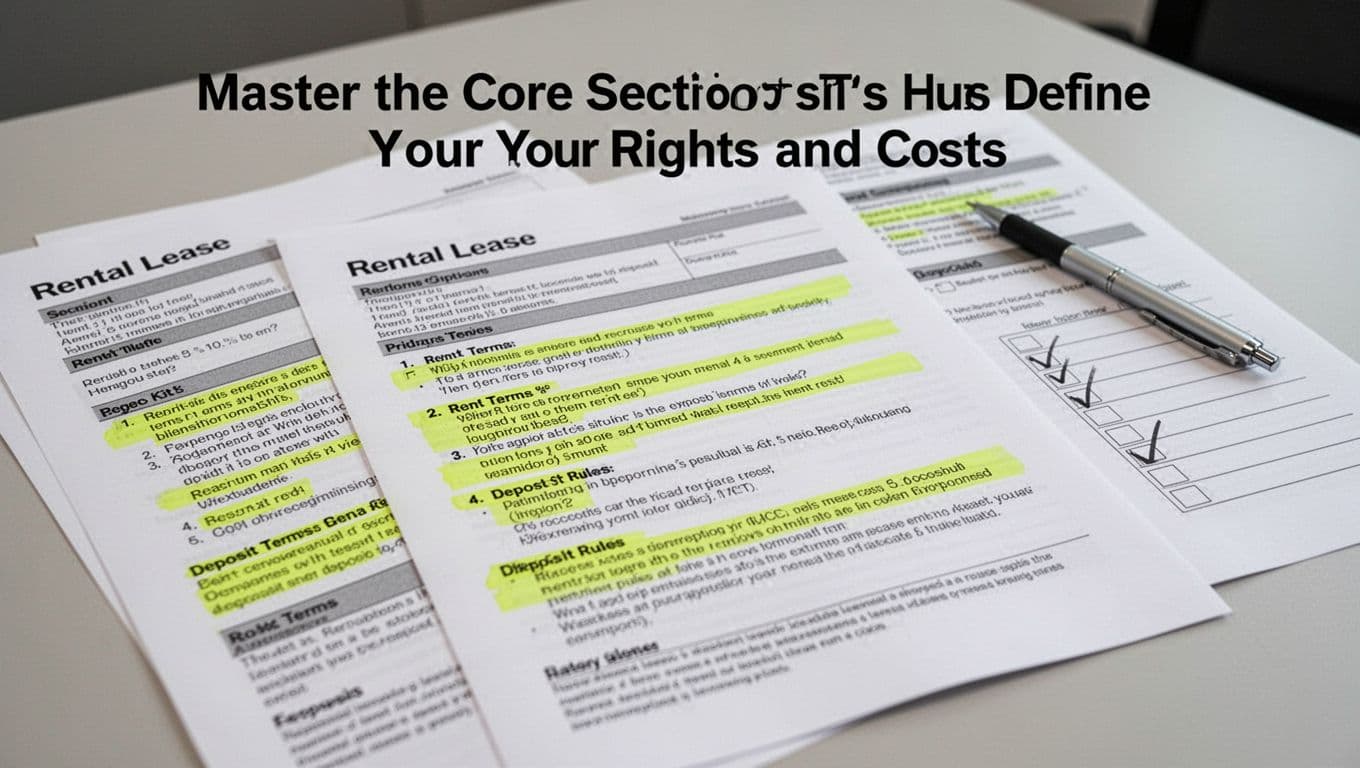 Close-up of rental lease contract pages spread on a table, highlighting key sections like rent terms and deposit rules, with a pen and checklist nearby in a neutral office setting.