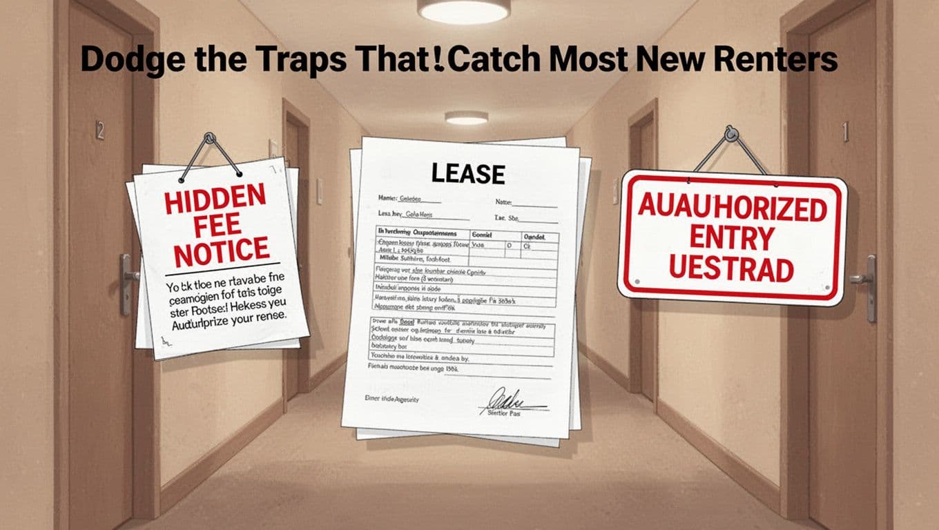 Illustration of common rental traps like a hidden fee notice and unauthorized entry sign next to a lease document in a simple apartment hallway setting, bold illustrative style with soft shadows, no people.
