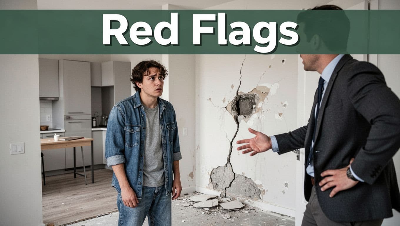 A single cautious renter in casual clothes stands in a modern apartment during a showing, eyeing wall damage and an uneven floor while a pushy landlord gestures partially out of frame.