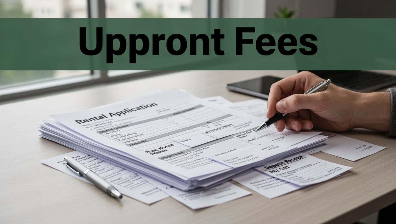 Illustration of stacked rental application forms, fee notices, and deposit receipts scattered on a modern leasing office desk, with one hand holding a pen nearby under soft natural light. Bold 'Upfront Fees' headline in a muted dark-green top band.
