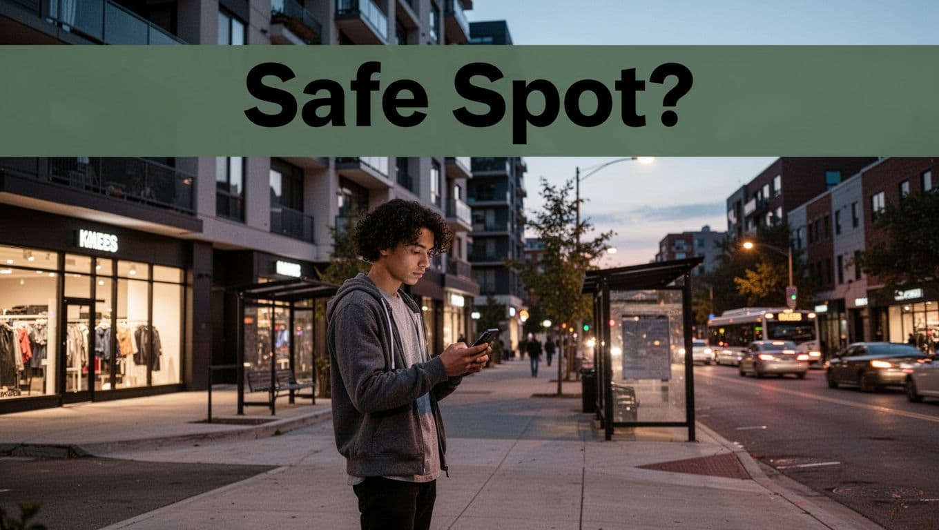 A single person stands outside a modern urban apartment building at dusk, casually checking their phone while scanning surroundings amid shops, bus stop, and quiet street with subtle day-night vibe. Bold 'Safe Spot?' headline in clean sans-serif font on muted dark-green top band.