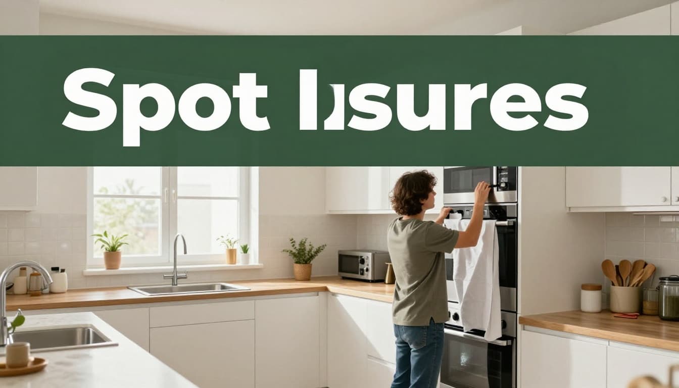 A person in casual clothes carefully inspects kitchen appliances including stove, oven, fridge, and dishwasher in a bright, modern rental apartment kitchen. Bold 'Spot Issues' headline in clean sans-serif font across a dark-green band at the top.