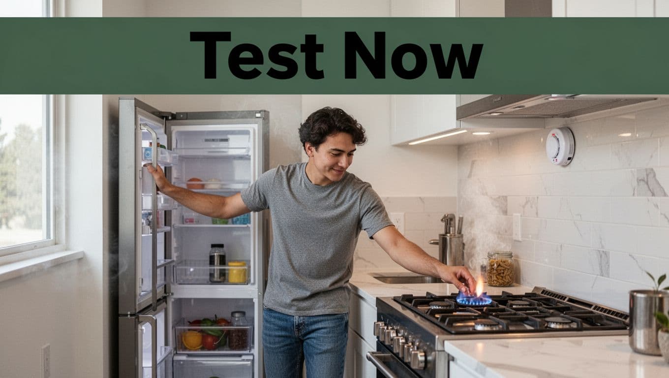 A single person in casual clothes tests fridge temperature with one hand on the door and lights the stove burner with the other, while a smoke detector is visible nearby in a bright modern rental apartment kitchen. Bold 'Test Now' headline in clean sans-serif font across a muted dark-green band at the top.