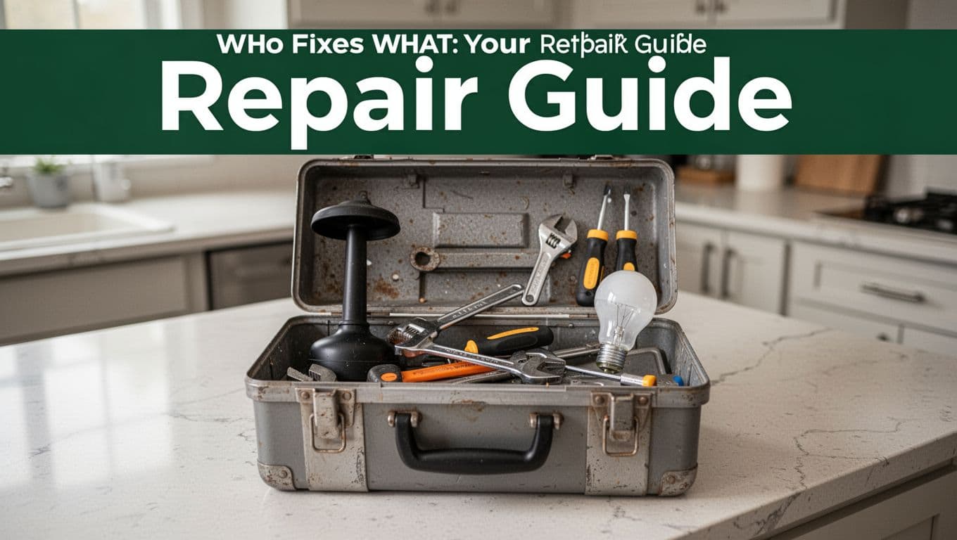 Dark-green header band with 'Repair Guide' headline above a realistic photo of an open home toolbox on a kitchen counter containing plunger, wrench, screwdriver, and lightbulb, in natural daylight with soft lighting.