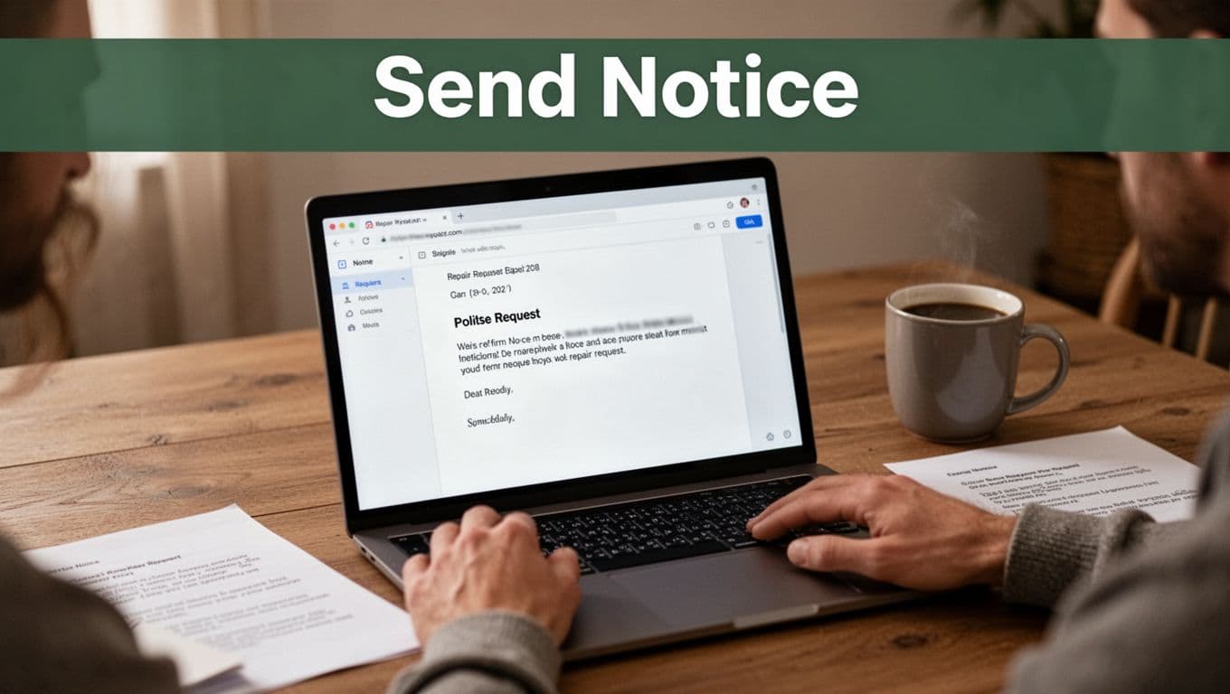 Realistic closeup of a laptop screen in a cozy home office displaying a repair request email template ready to send, featuring a 'Send Notice' headline, with relaxed hands on the desk, coffee mug, and printed copy nearby in soft lighting.